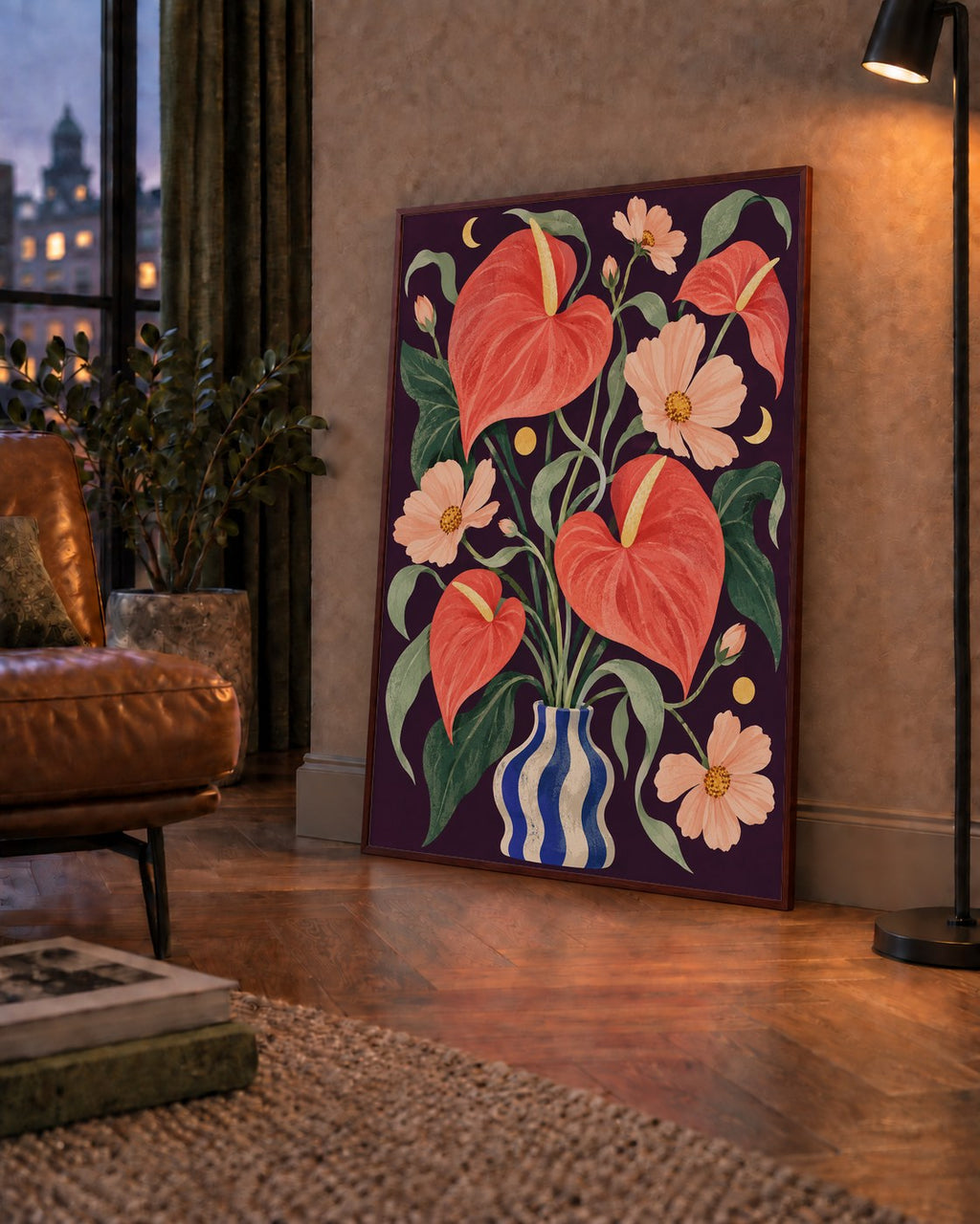 Egzotik Çiçeklerle Ay Işığı Vazo Poster – Gece Temalı Dijital Sanat — çerçeveli hâliyle bir ev duvarında