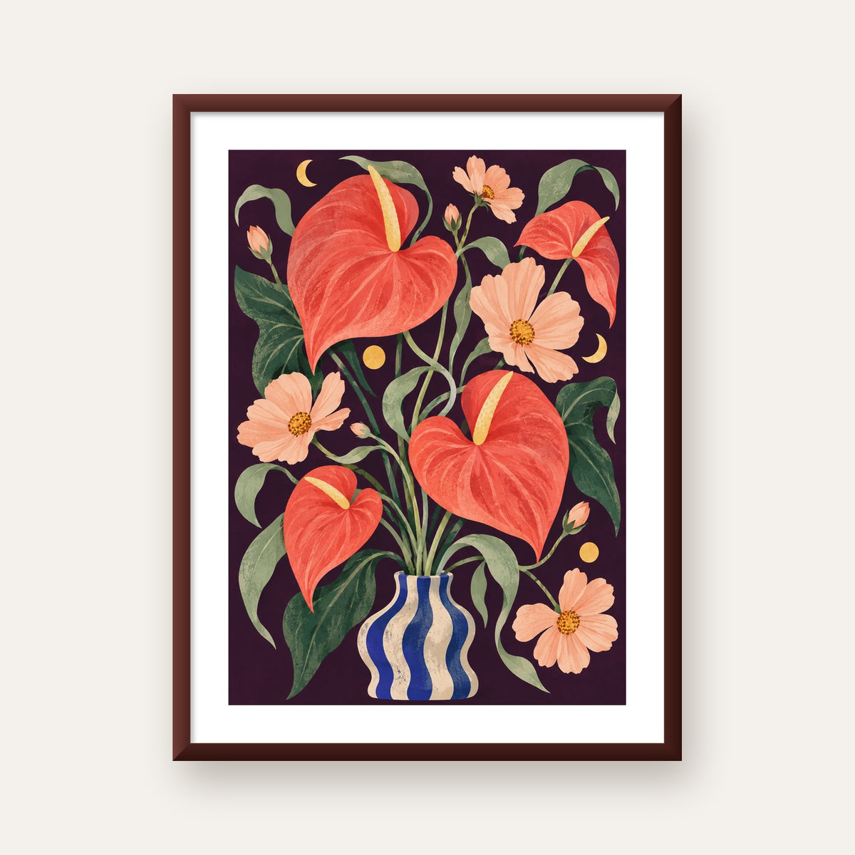 Egzotik Çiçeklerle Ay Işığı Vazo Poster – Gece Temalı Dijital Sanat — ceviz çerçeveli paspartulu
