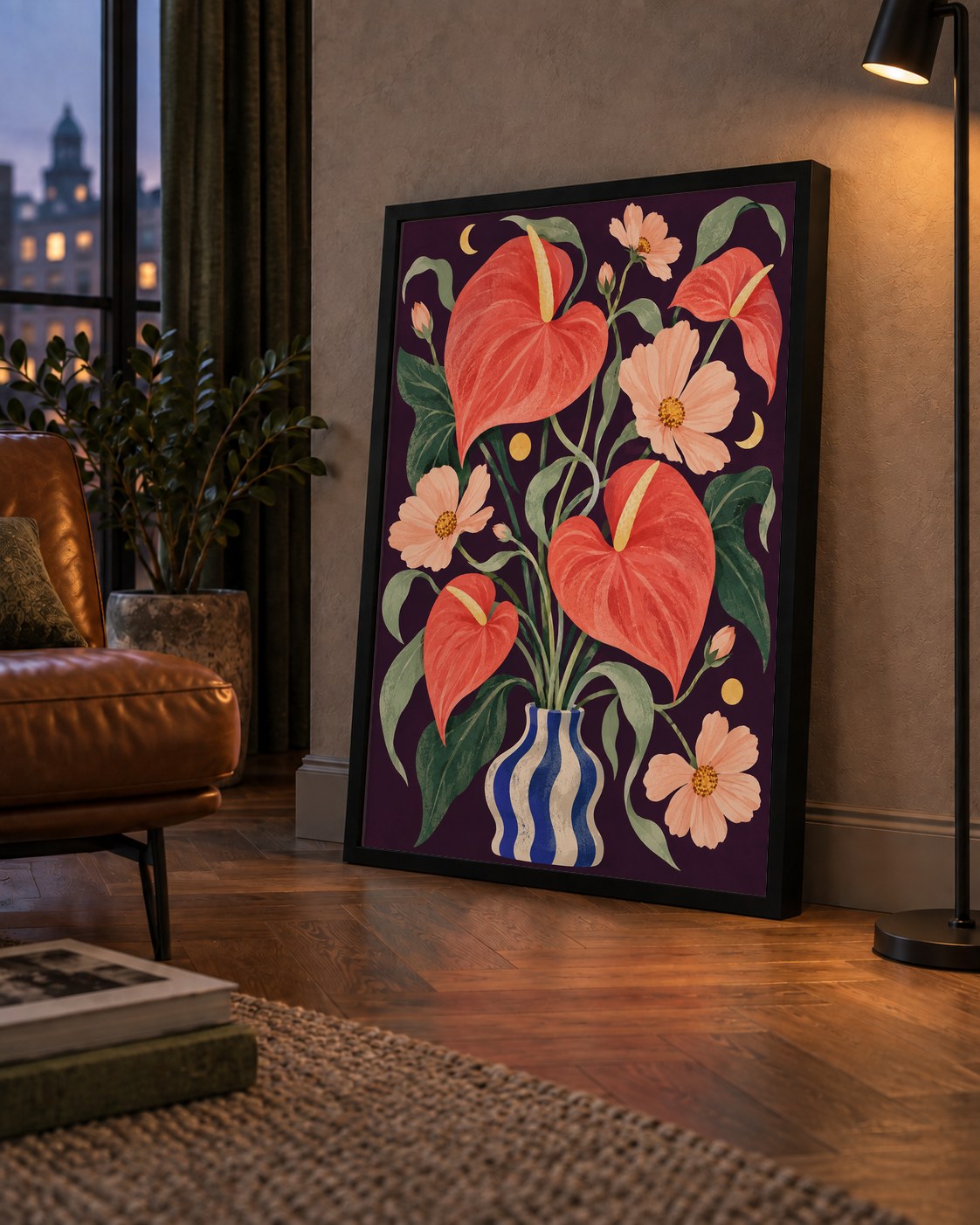 Egzotik Çiçeklerle Ay Işığı Vazo Poster – Gece Temalı Dijital Sanat — çerçeveli hâliyle bir ev duvarında