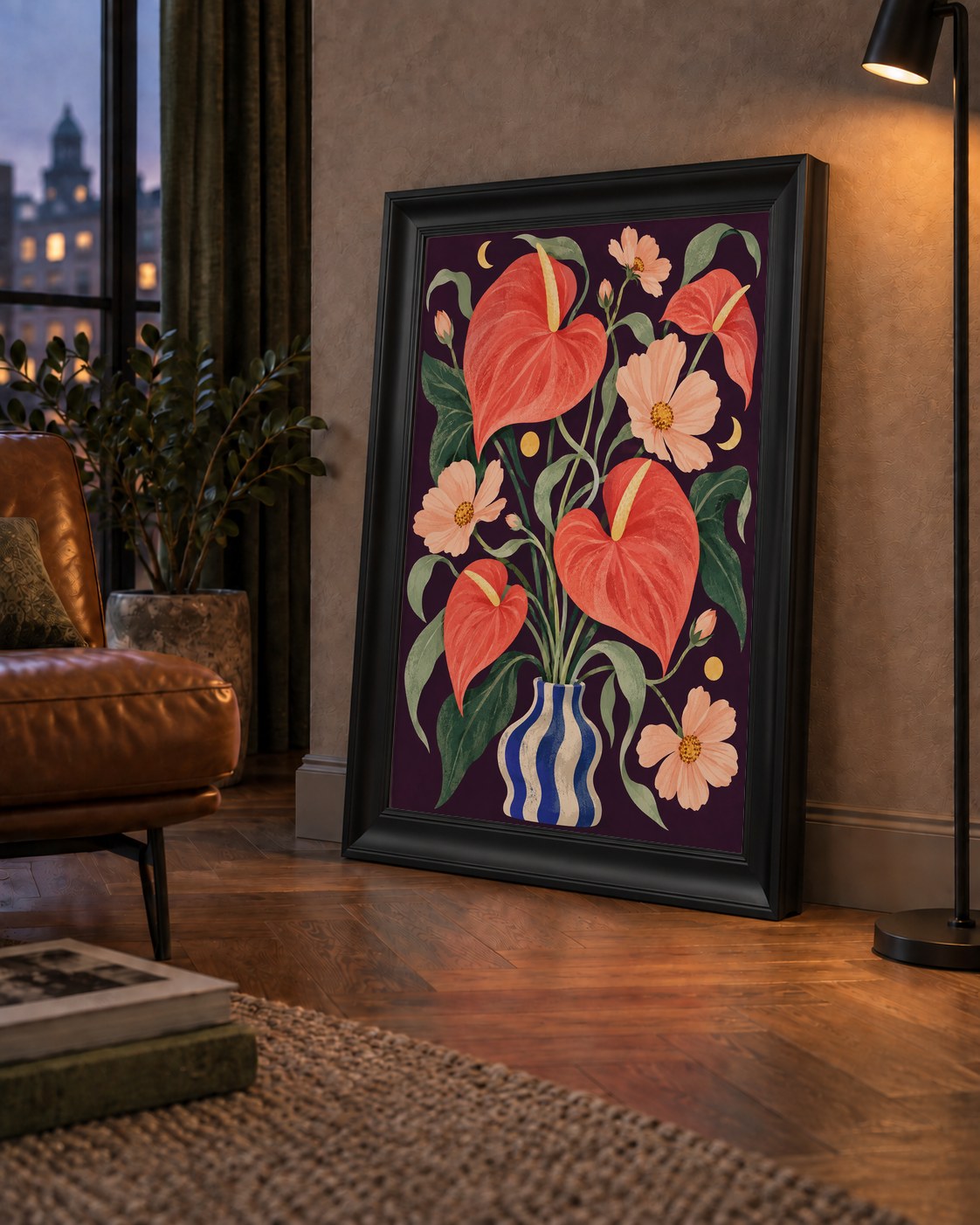 Egzotik Çiçeklerle Ay Işığı Vazo Poster – Gece Temalı Dijital Sanat — çerçeveli hâliyle bir ev duvarında