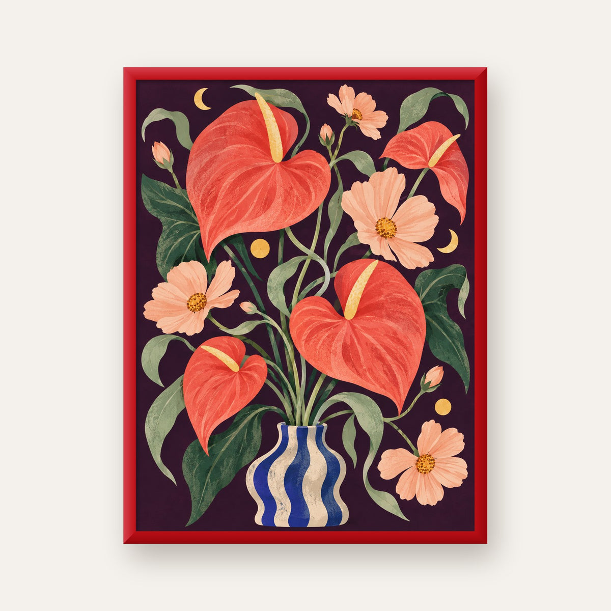 Egzotik Çiçeklerle Ay Işığı Vazo Poster – Gece Temalı Dijital Sanat — kırmızı çerçeveli