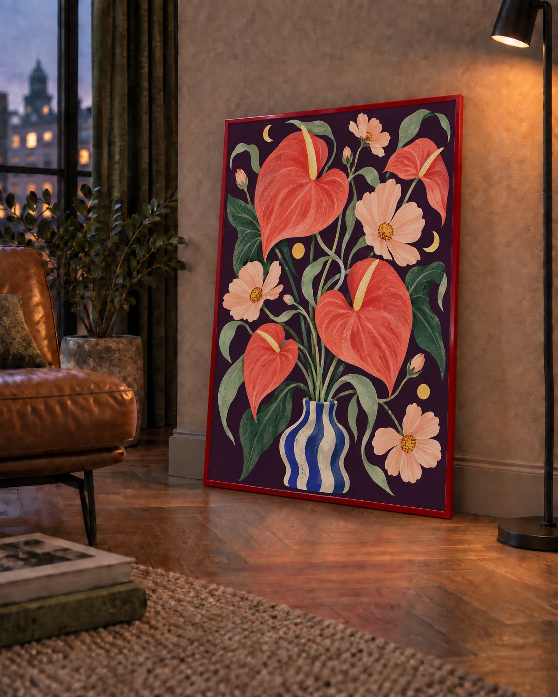 Egzotik Çiçeklerle Ay Işığı Vazo Poster – Gece Temalı Dijital Sanat — çerçeveli hâliyle bir ev duvarında