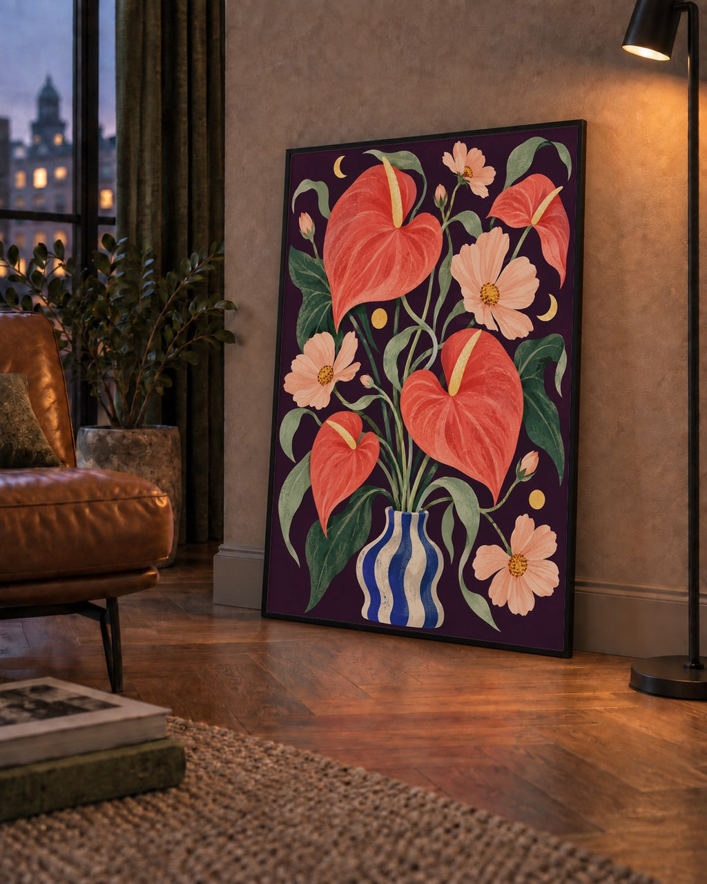 Egzotik Çiçeklerle Ay Işığı Vazo Poster – Gece Temalı Dijital Sanat — çerçeveli hâliyle bir ev duvarında