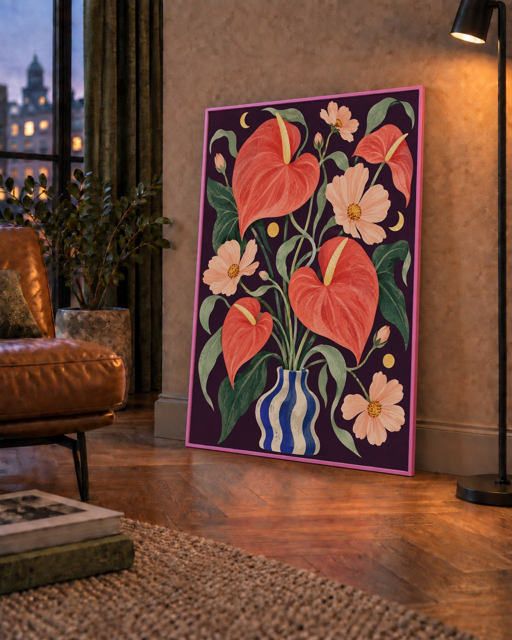 Egzotik Çiçeklerle Ay Işığı Vazo Poster – Gece Temalı Dijital Sanat — çerçeveli hâliyle bir ev duvarında