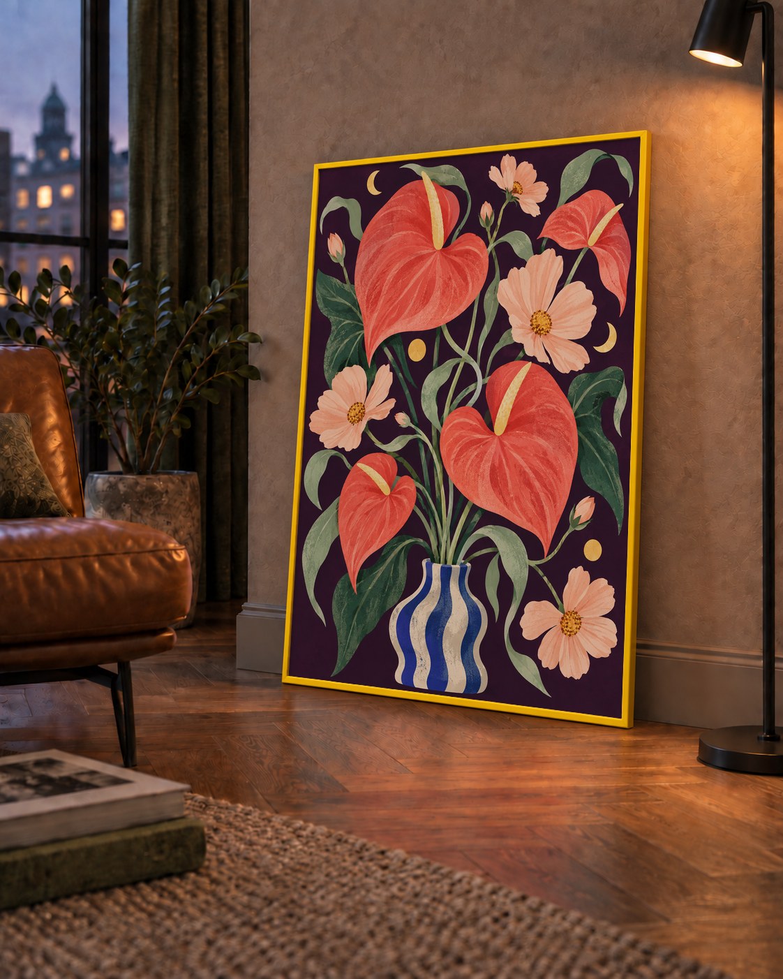 Egzotik Çiçeklerle Ay Işığı Vazo Poster – Gece Temalı Dijital Sanat — çerçeveli hâliyle bir ev duvarında