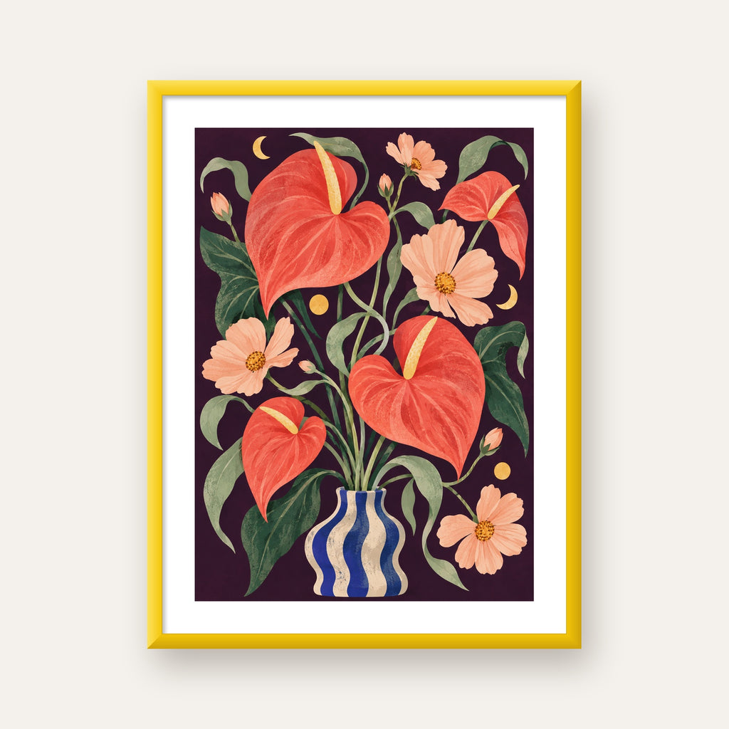 Egzotik Çiçeklerle Ay Işığı Vazo Poster – Gece Temalı Dijital Sanat — sarı çerçeveli paspartulu