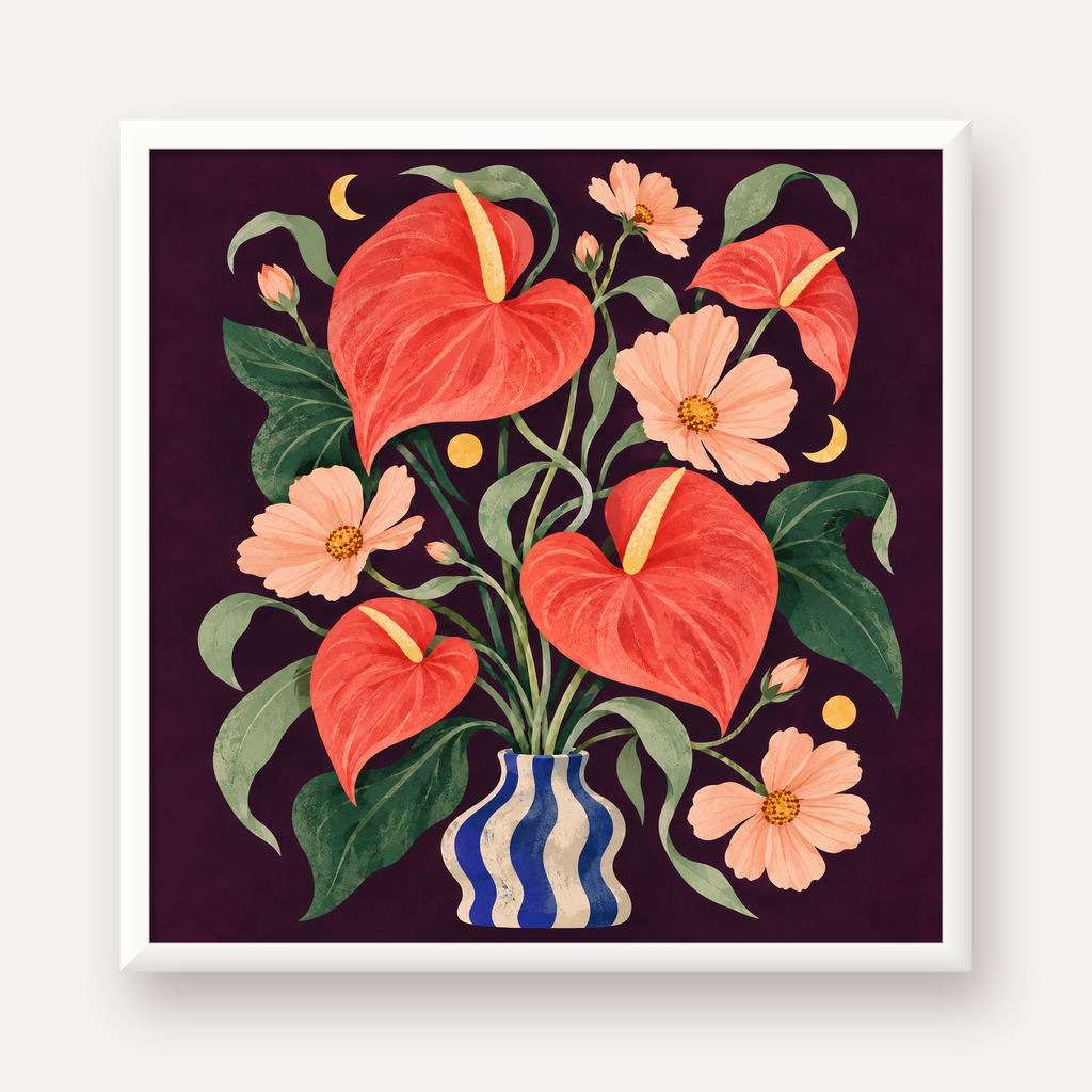 Egzotik Çiçeklerle Ay Işığı Vazo Poster – Gece Temalı Dijital Sanat — beyaz çerçeveli kare poster