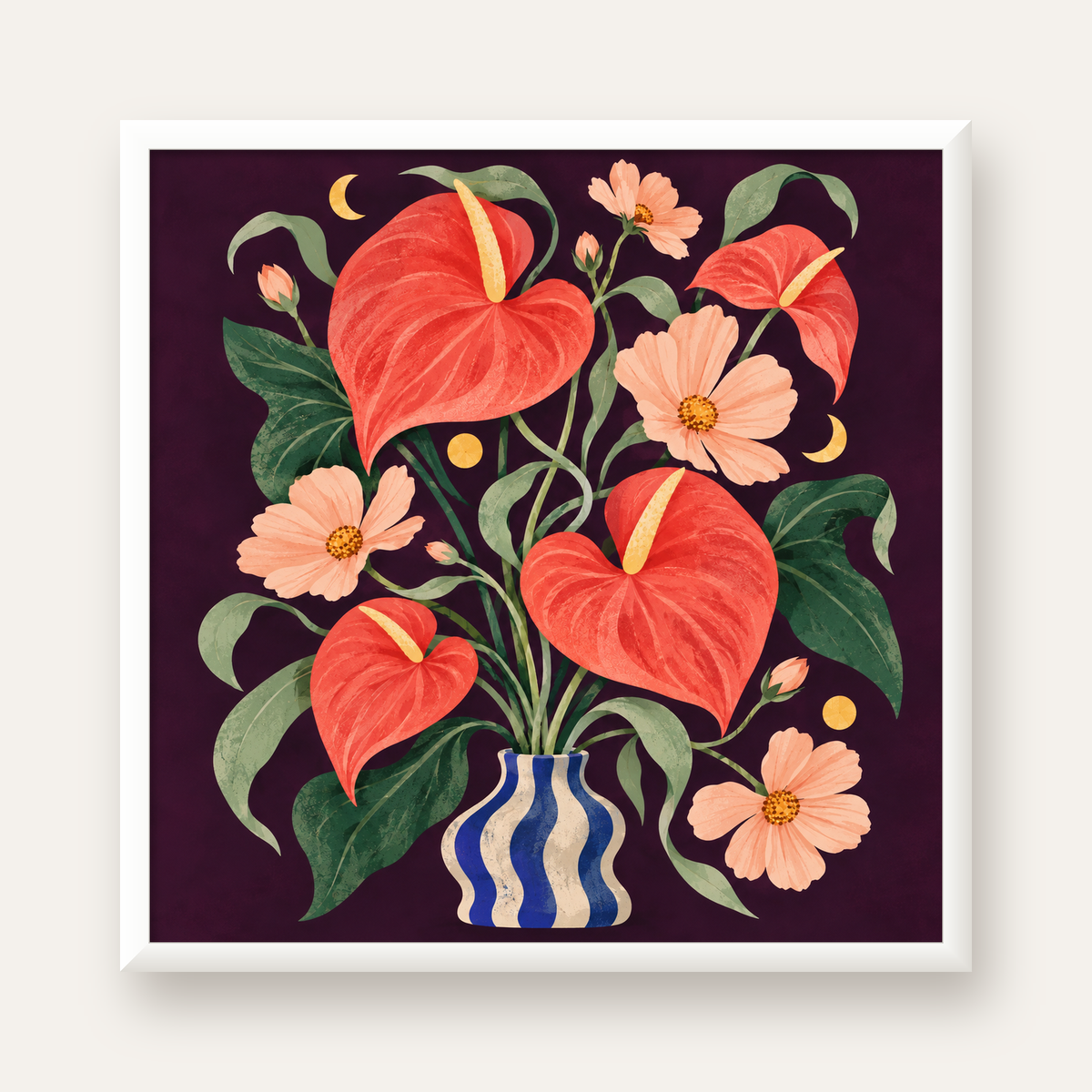 Egzotik Çiçeklerle Ay Işığı Vazo Poster – Gece Temalı Dijital Sanat — beyaz çerçeveli kare poster