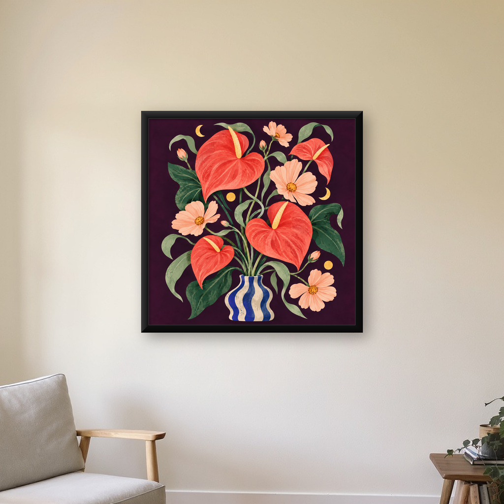 Egzotik Çiçeklerle Ay Işığı Vazo Poster – Gece Temalı Dijital Sanat — Kare baskı, çerçeveli hâliyle bir ev duvarında