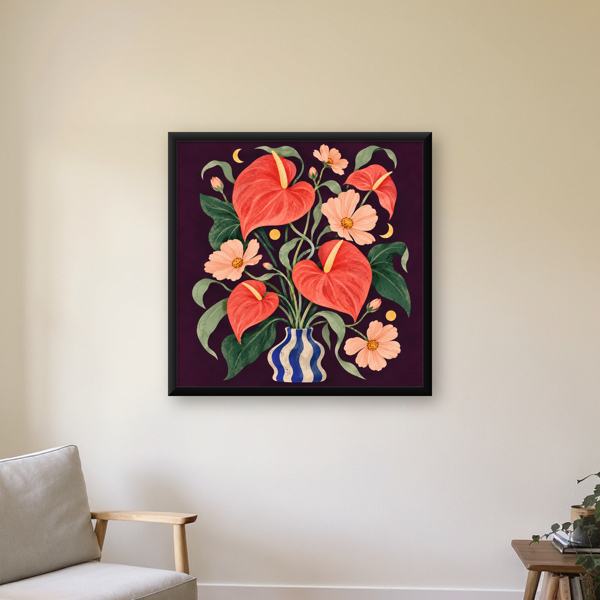Egzotik Çiçeklerle Ay Işığı Vazo Poster – Gece Temalı Dijital Sanat — Kare baskı, çerçeveli hâliyle bir ev duvarında