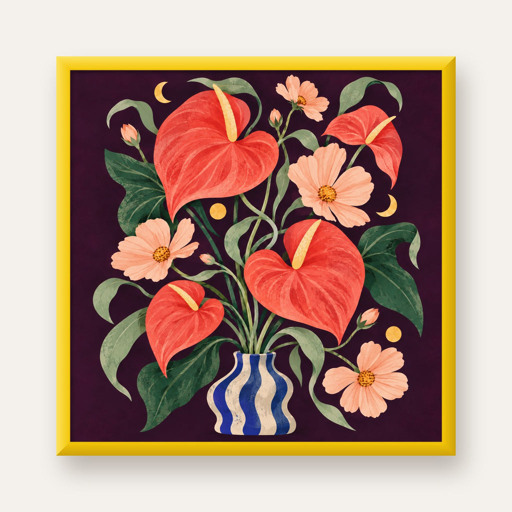 Egzotik Çiçeklerle Ay Işığı Vazo Poster – Gece Temalı Dijital Sanat — sarı çerçeveli
