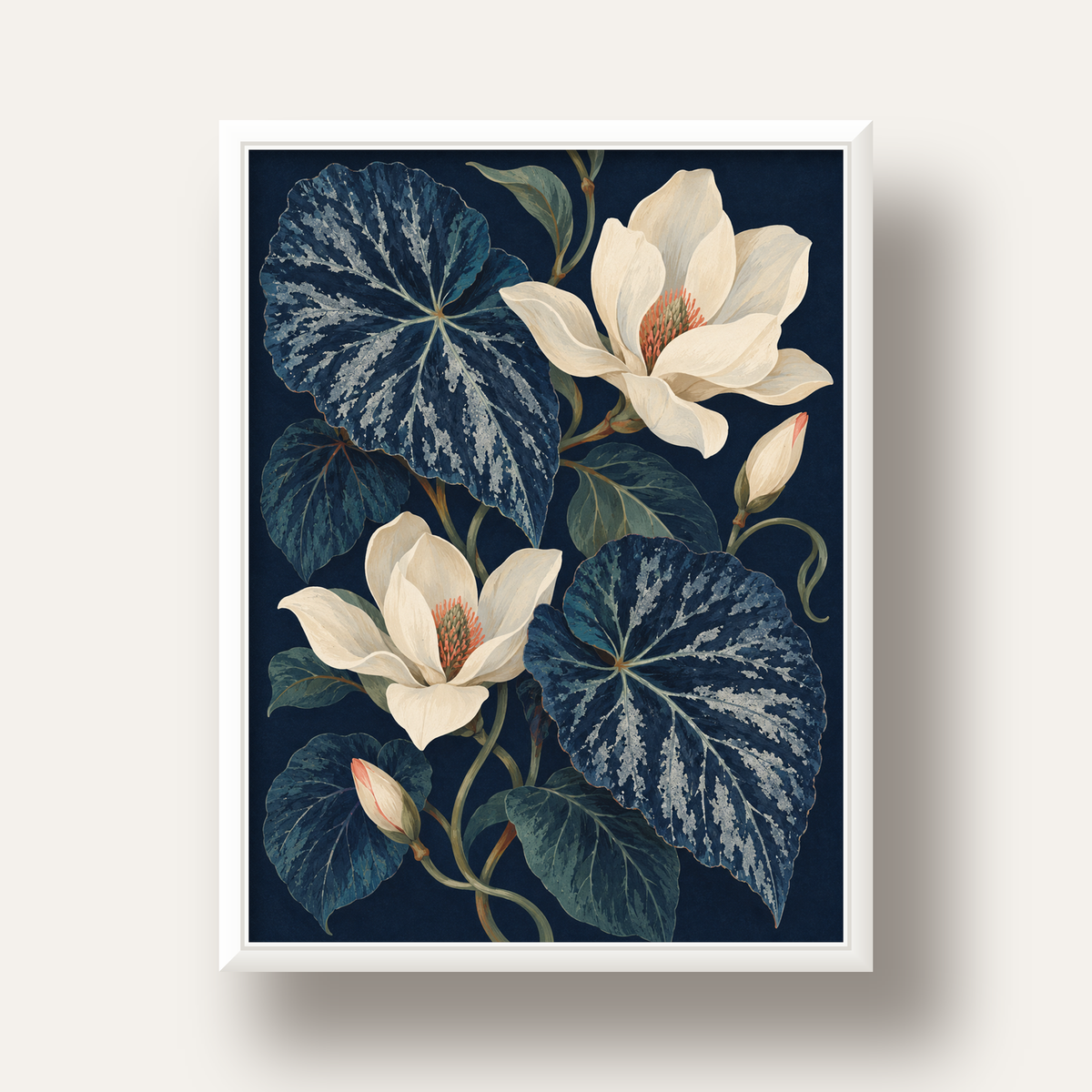 Gece Begonyası ve Beyaz Manolya Botanik Poster — beyaz derin çerçeveli
