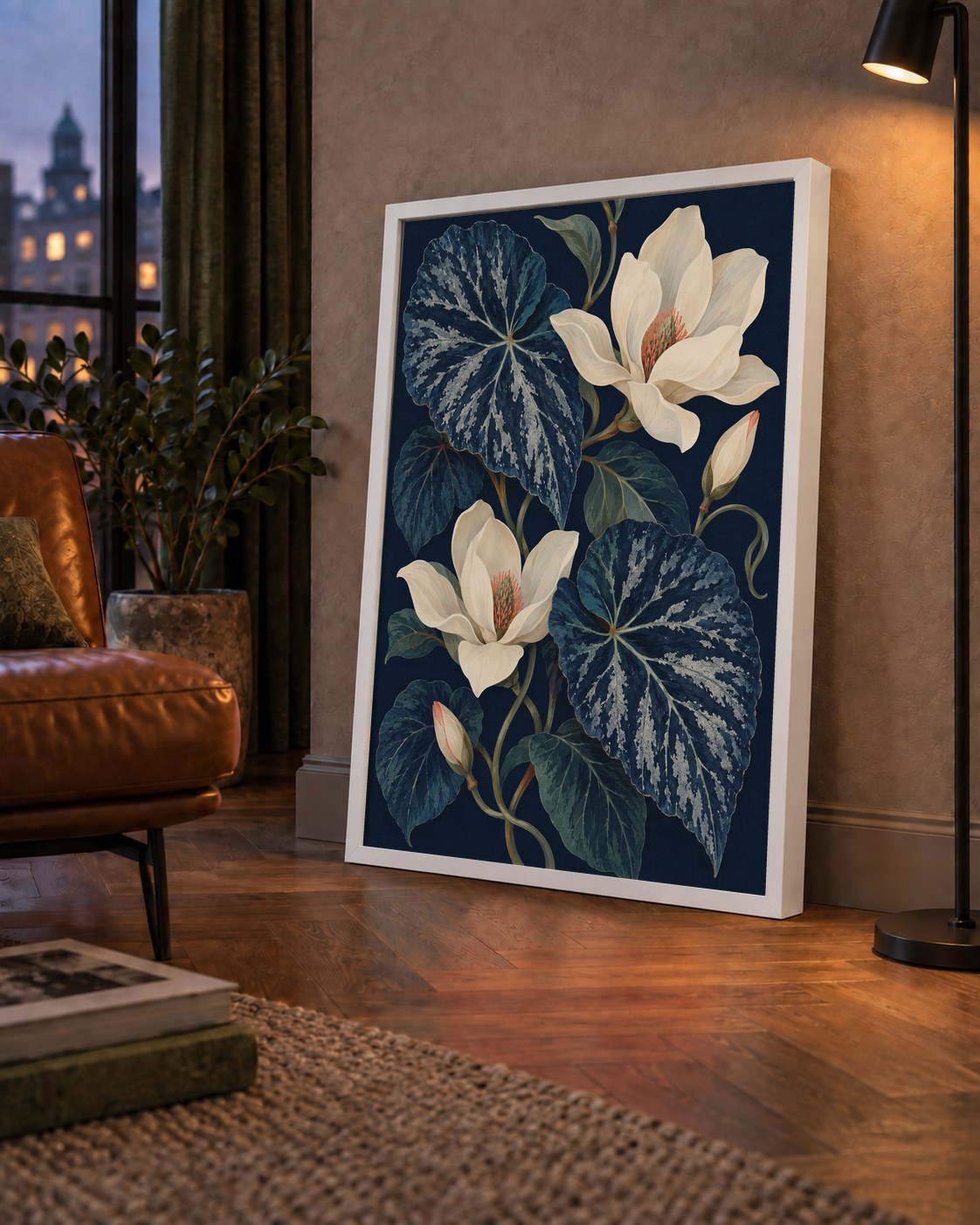 Gece Begonyası ve Beyaz Manolya Botanik Poster — çerçeveli hâliyle bir ev duvarında