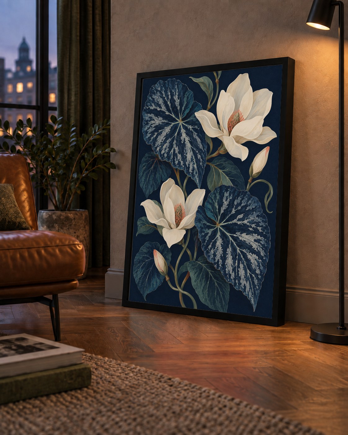 Gece Begonyası ve Beyaz Manolya Botanik Poster — çerçeveli hâliyle bir ev duvarında
