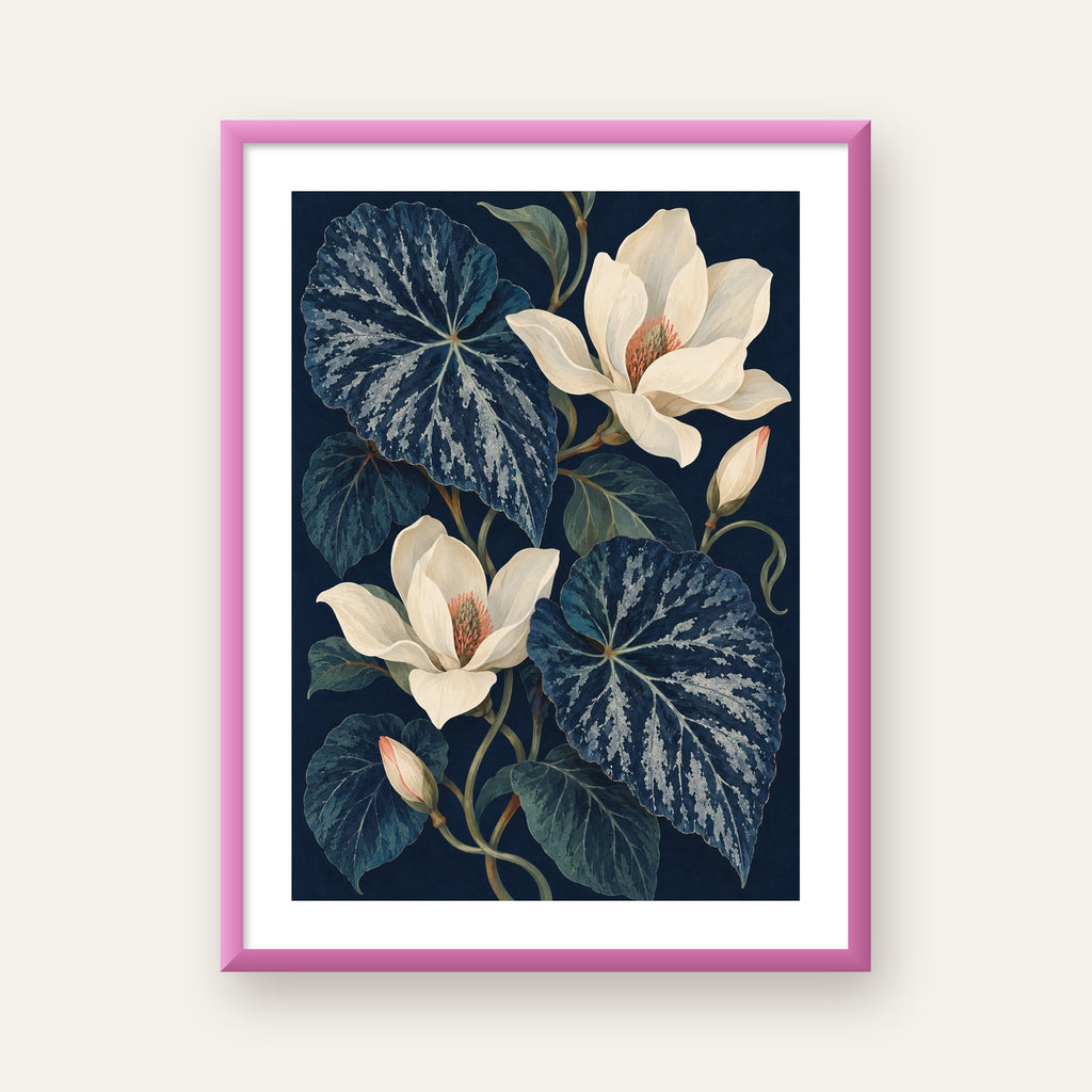 Gece Begonyası ve Beyaz Manolya Botanik Poster — pembe çerçeveli paspartulu