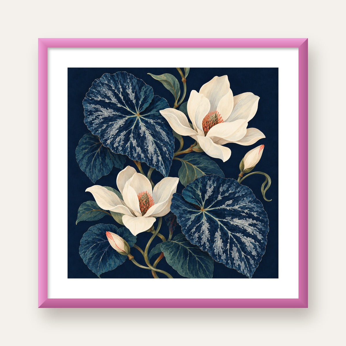 Gece Begonyası ve Beyaz Manolya Botanik Poster — pembe çerçeveli paspartulu