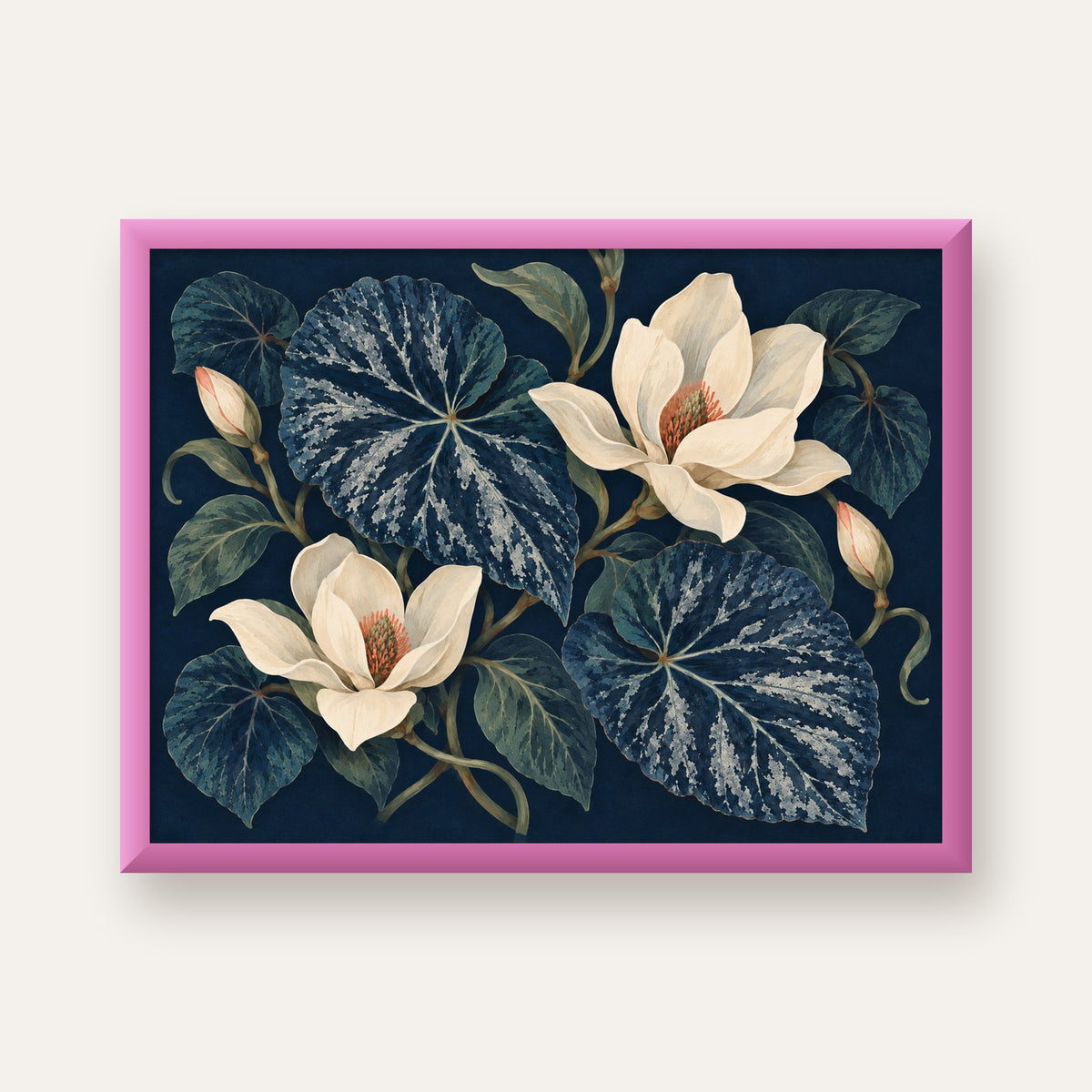 Gece Begonyası ve Beyaz Manolya Botanik Poster — pembe çerçeveli