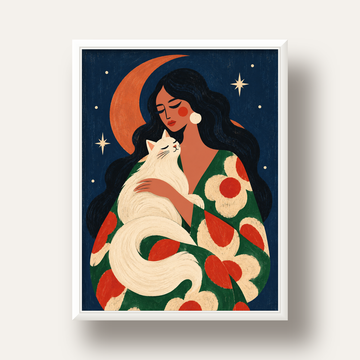 Gece ve Kedi: Kadın Figürlü Modern Poster — beyaz derin çerçeveli