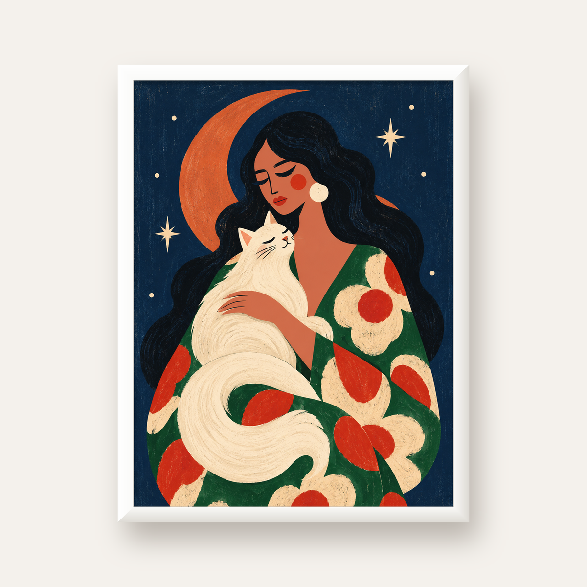 Gece ve Kedi: Kadın Figürlü Modern Poster — beyaz çerçeveli dikey poster