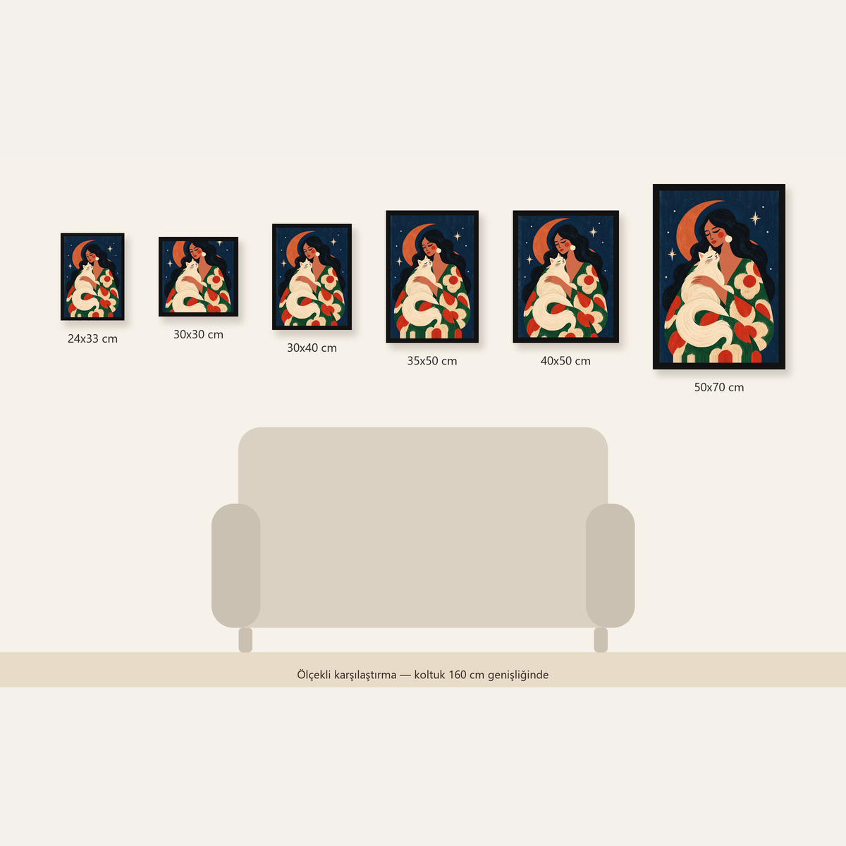 Gece ve Kedi: Kadın Figürlü Modern Poster — Dikey ölçülerinin karşılaştırması