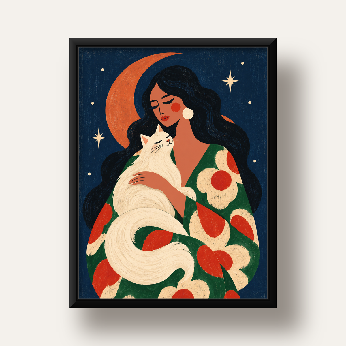 Gece ve Kedi: Kadın Figürlü Modern Poster — siyah derin çerçeveli
