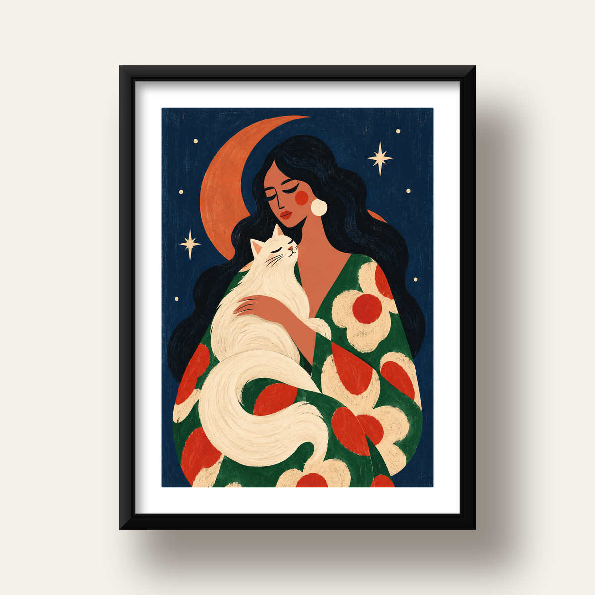 Gece ve Kedi: Kadın Figürlü Modern Poster — siyah derin çerçeveli paspartulu