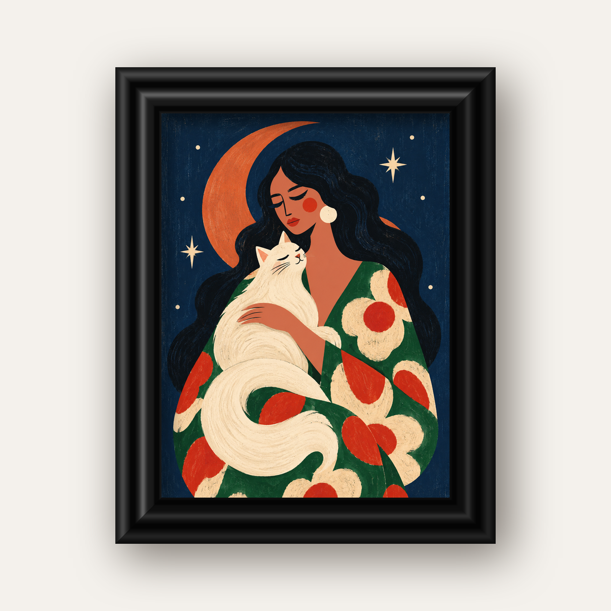 Gece ve Kedi: Kadın Figürlü Modern Poster — siyah galeri çerçeveli