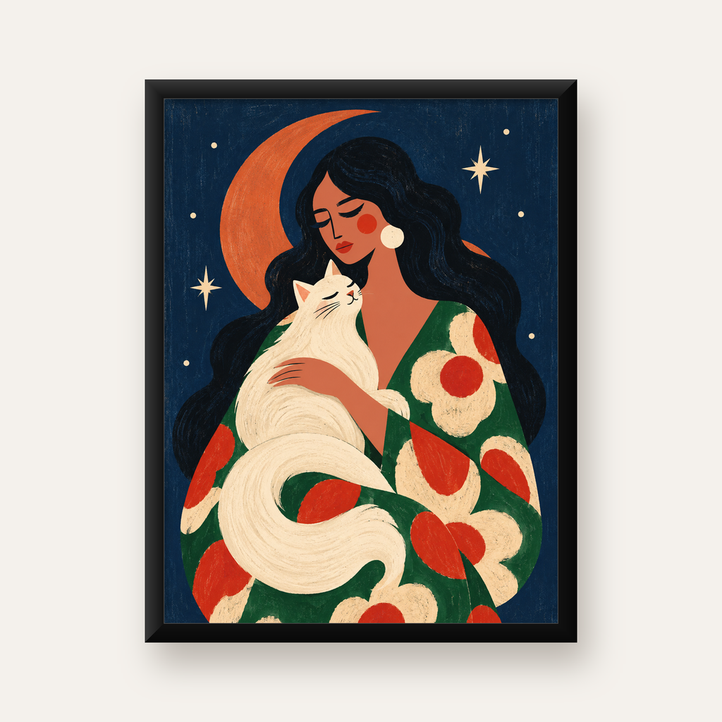 Gece ve Kedi: Kadın Figürlü Modern Poster — Dikey baskı, düz siyah çerçeveli duvar posteri