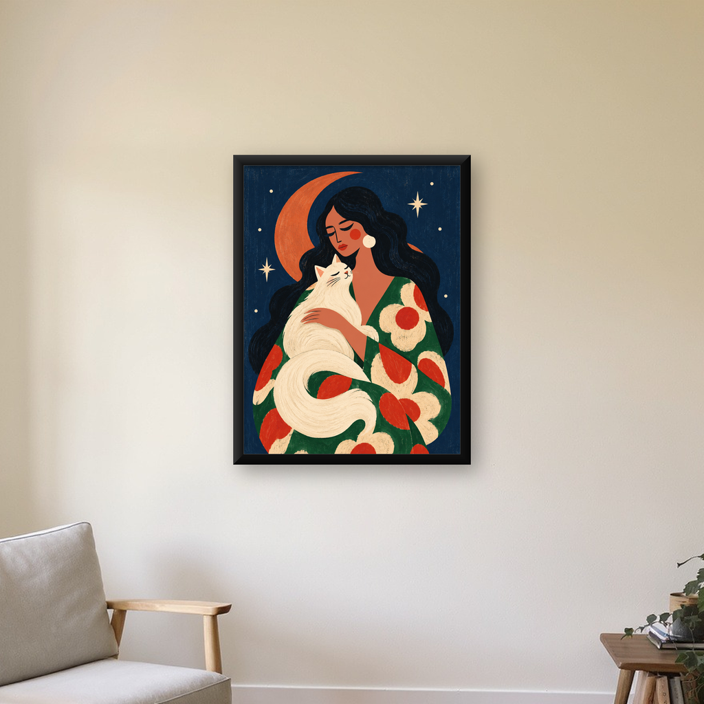 Gece ve Kedi: Kadın Figürlü Modern Poster — Dikey baskı, çerçeveli hâliyle bir ev duvarında