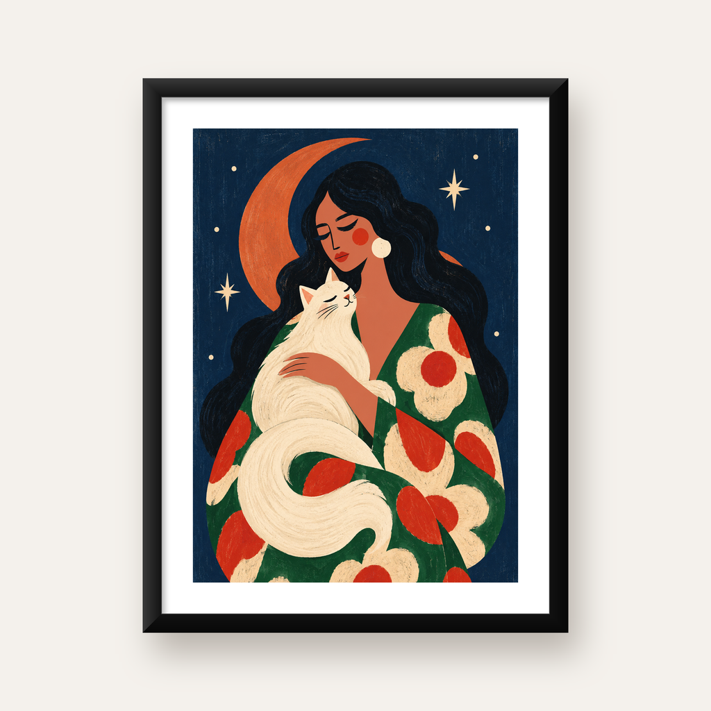 Gece ve Kedi: Kadın Figürlü Modern Poster — Dikey baskı, beyaz paspartulu