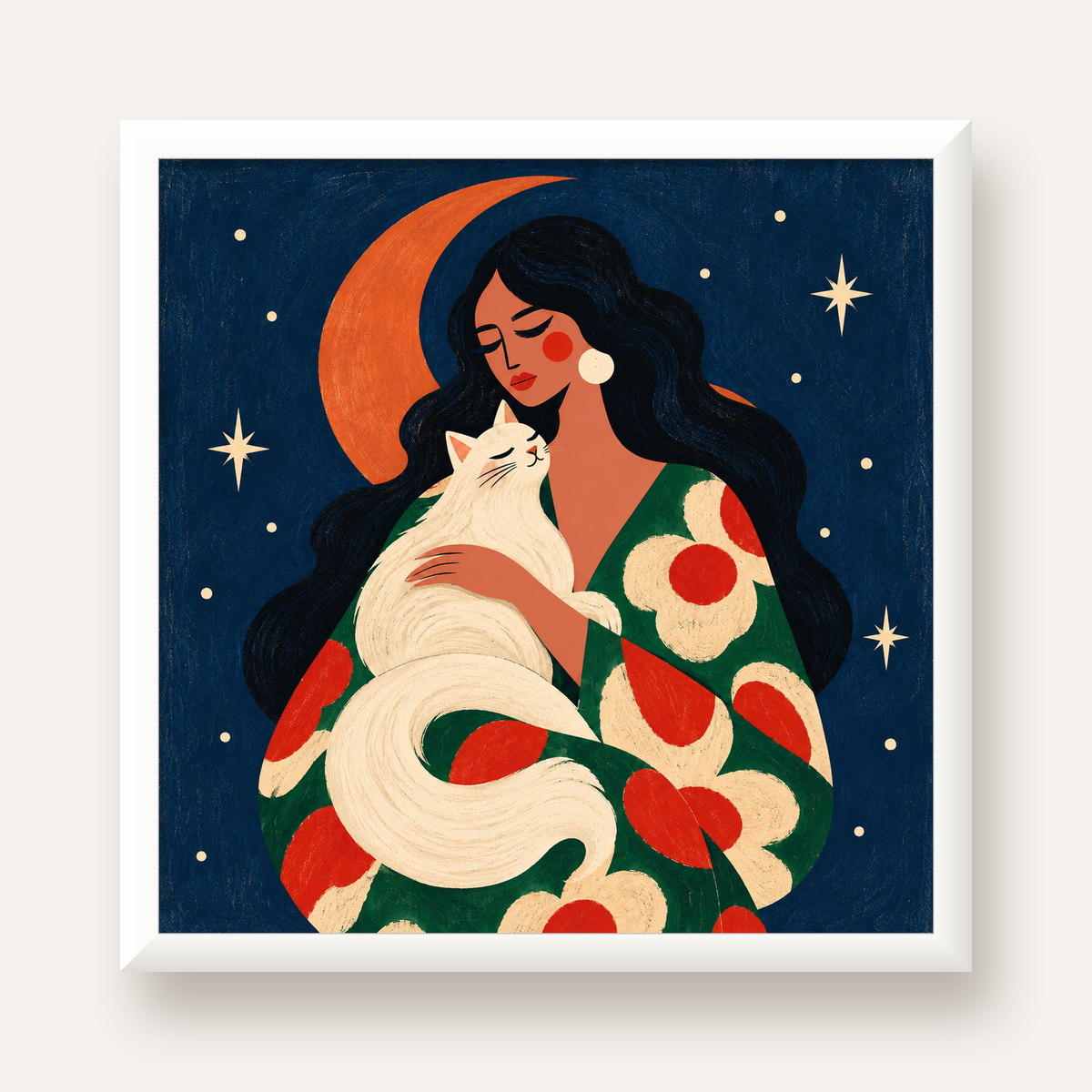 Gece ve Kedi: Kadın Figürlü Modern Poster — beyaz çerçeveli kare poster