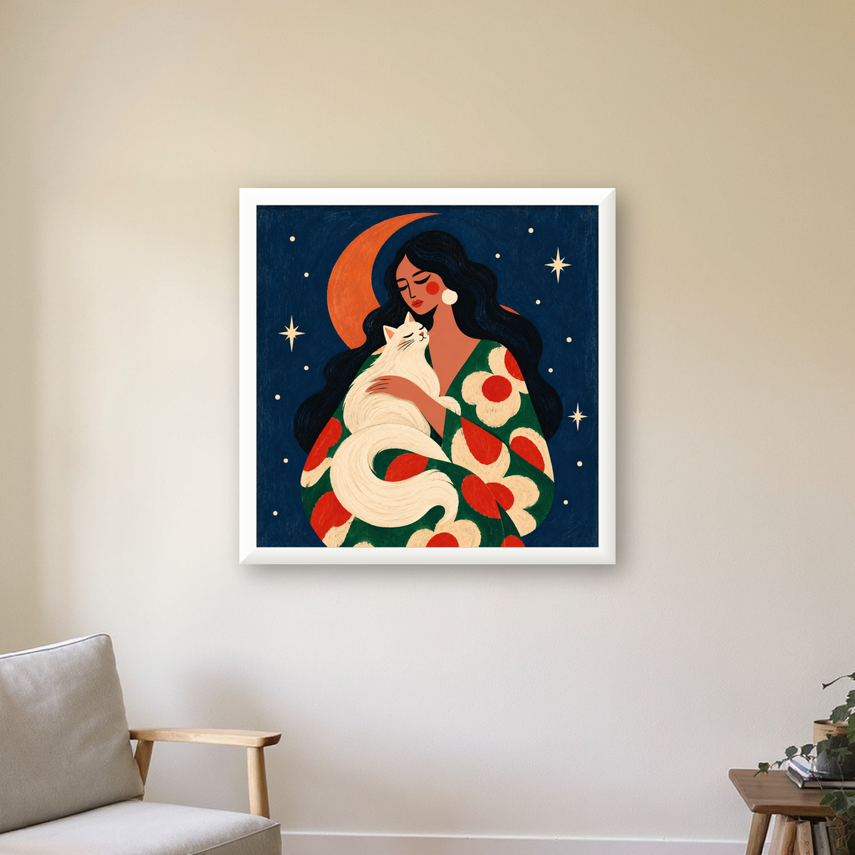 Gece ve Kedi: Kadın Figürlü Modern Poster — beyaz çerçeveli kare poster