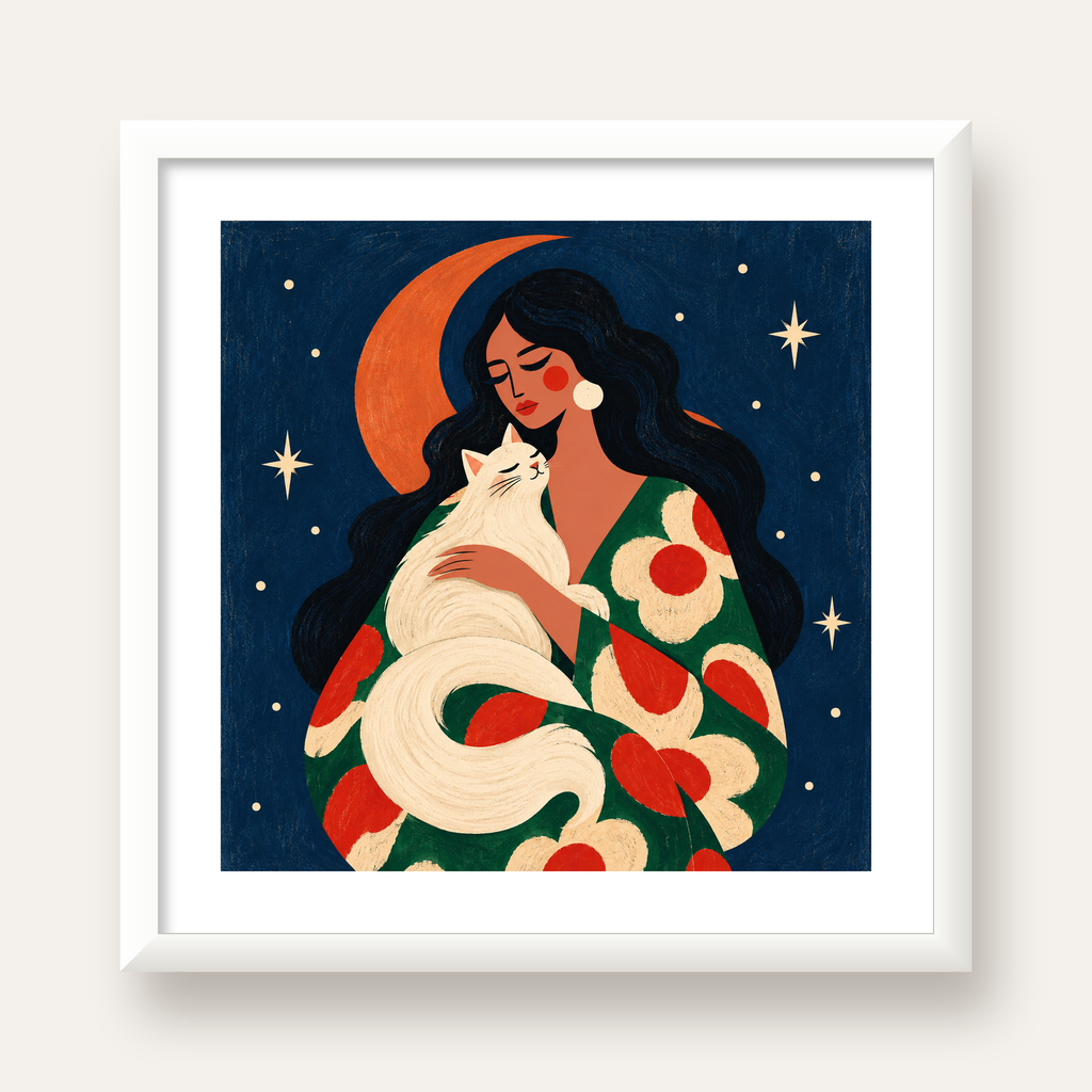 Gece ve Kedi: Kadın Figürlü Modern Poster — beyaz çerçeveli kare poster