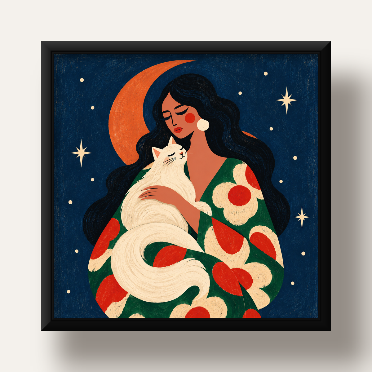 Gece ve Kedi: Kadın Figürlü Modern Poster — siyah derin çerçeveli