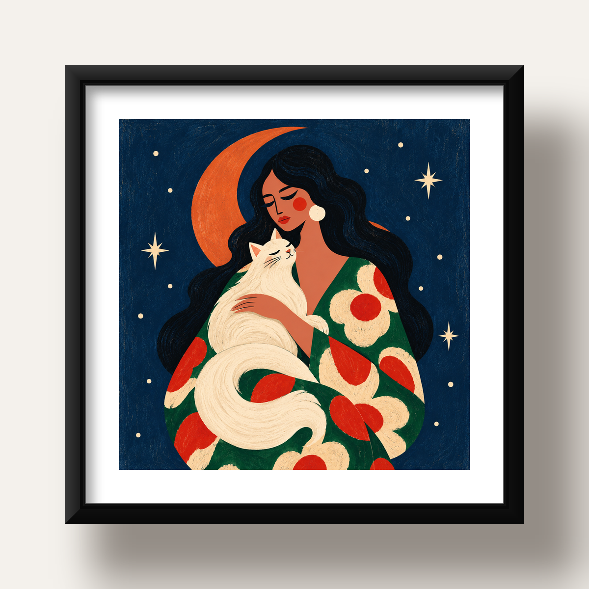 Gece ve Kedi: Kadın Figürlü Modern Poster — siyah derin çerçeveli paspartulu
