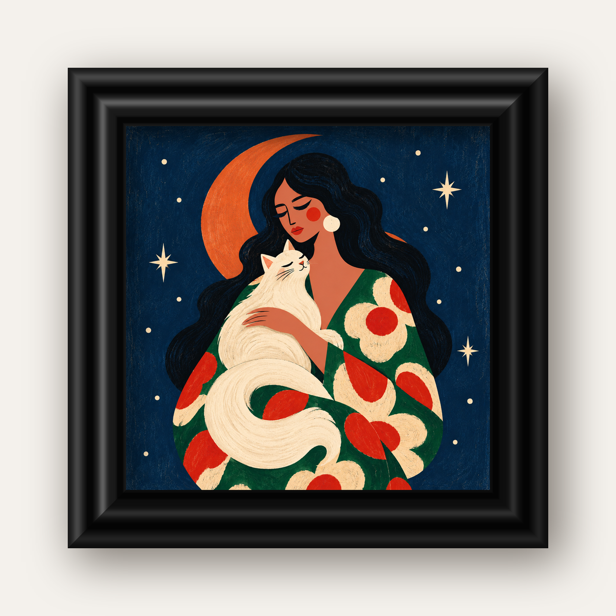Gece ve Kedi: Kadın Figürlü Modern Poster — siyah galeri çerçeveli