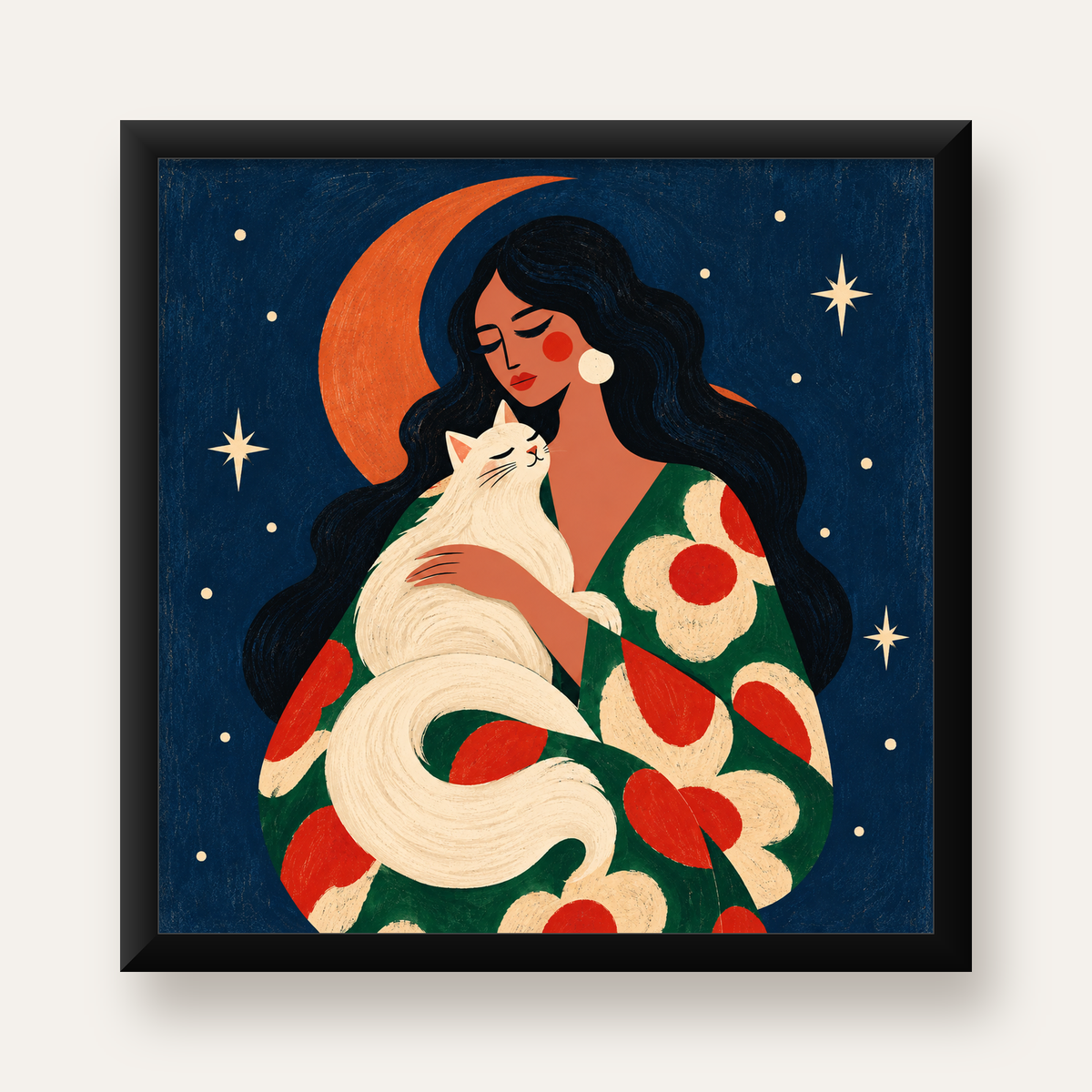 Gece ve Kedi: Kadın Figürlü Modern Poster — Kare baskı, düz siyah çerçeveli duvar posteri