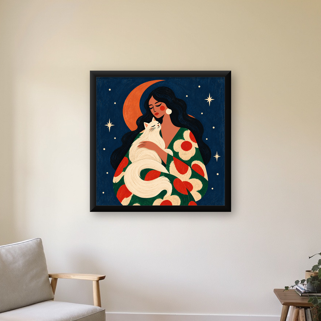Gece ve Kedi: Kadın Figürlü Modern Poster — Kare baskı, çerçeveli hâliyle bir ev duvarında