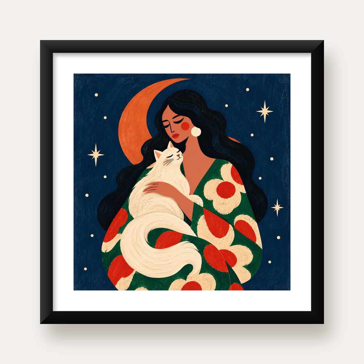 Gece ve Kedi: Kadın Figürlü Modern Poster — Kare baskı, beyaz paspartulu