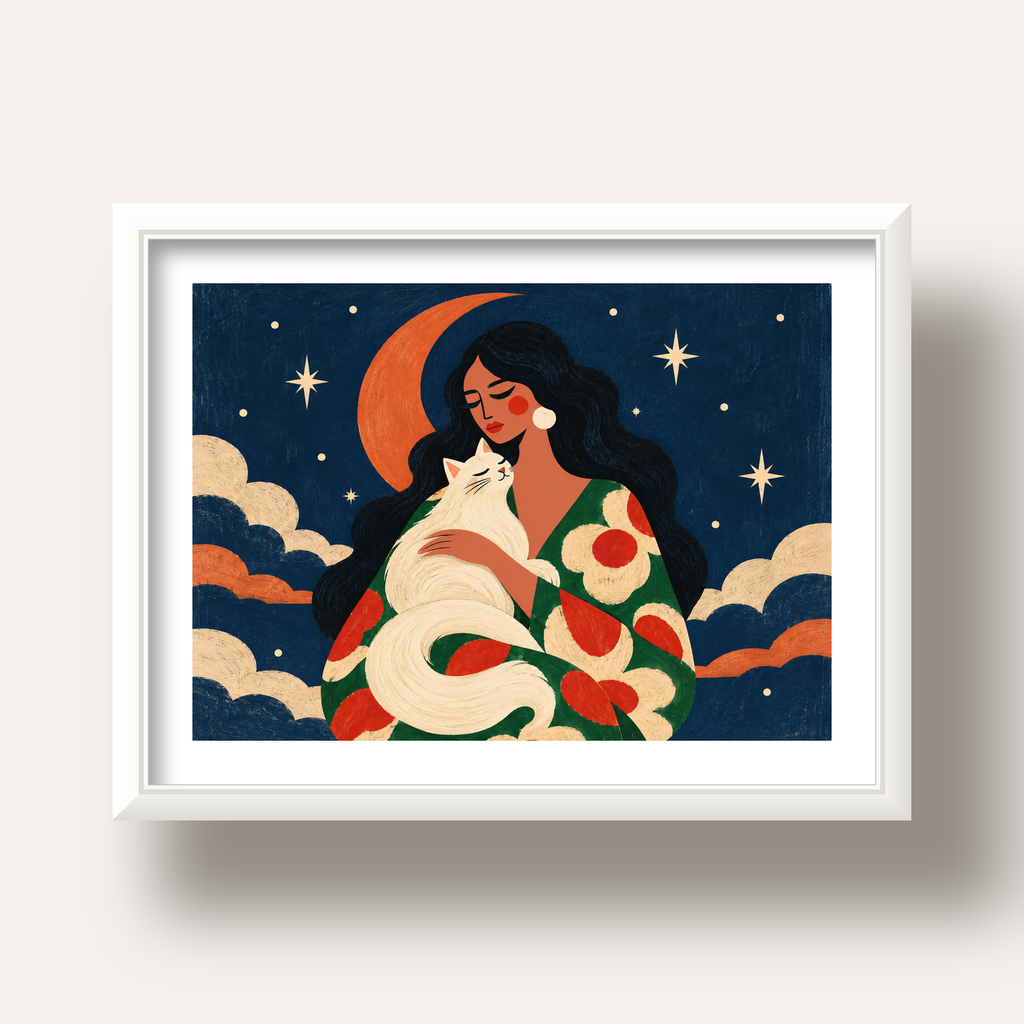 Gece ve Kedi: Kadın Figürlü Modern Poster — beyaz derin çerçeveli paspartulu