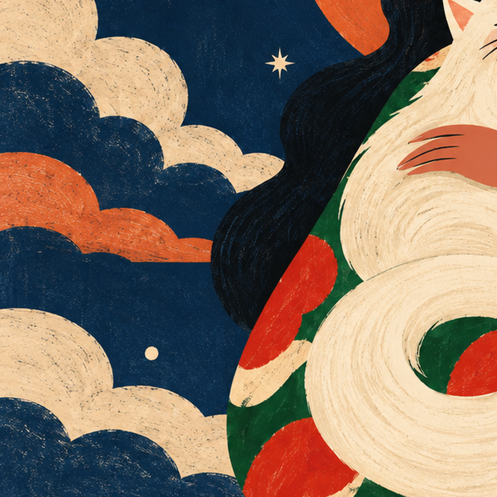 Gece ve Kedi: Kadın Figürlü Modern Poster — baskının yakın çekimi, kâğıt dokusu ve renk detayı