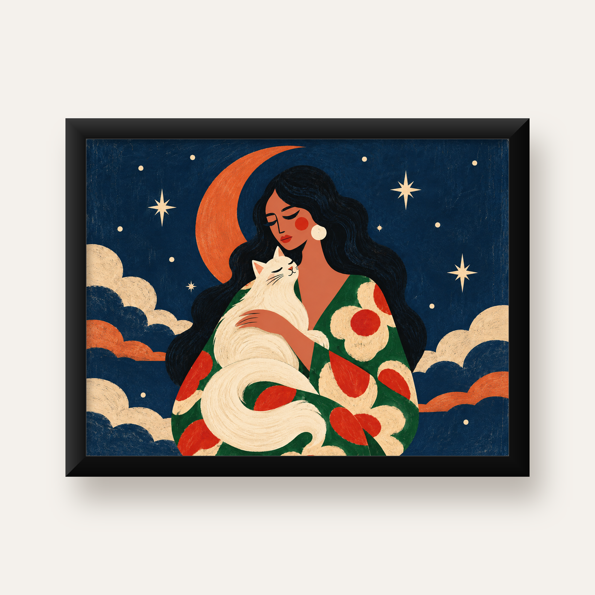 Gece ve Kedi: Kadın Figürlü Modern Poster — Yatay baskı, düz siyah çerçeveli duvar posteri