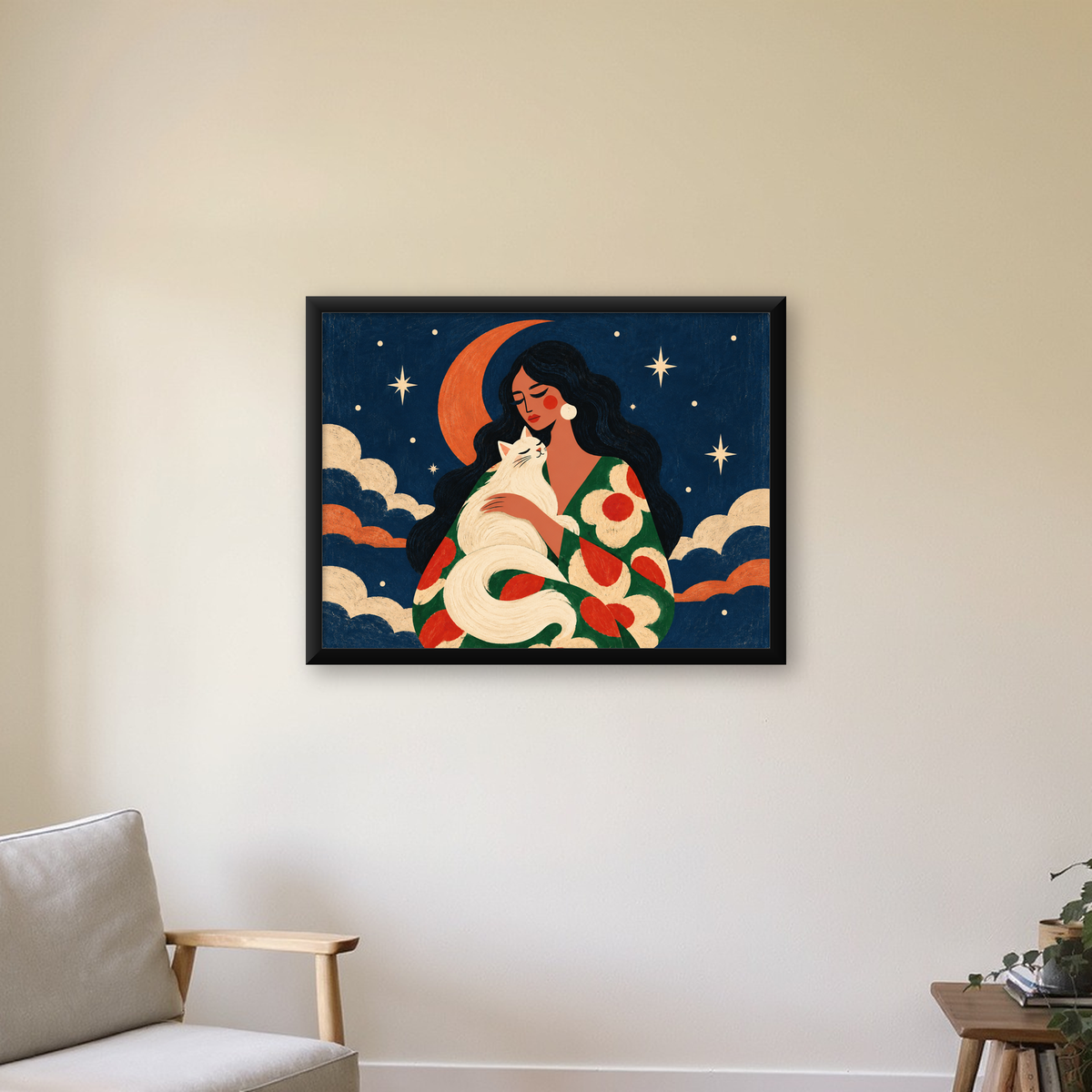 Gece ve Kedi: Kadın Figürlü Modern Poster — Yatay baskı, çerçeveli hâliyle bir ev duvarında