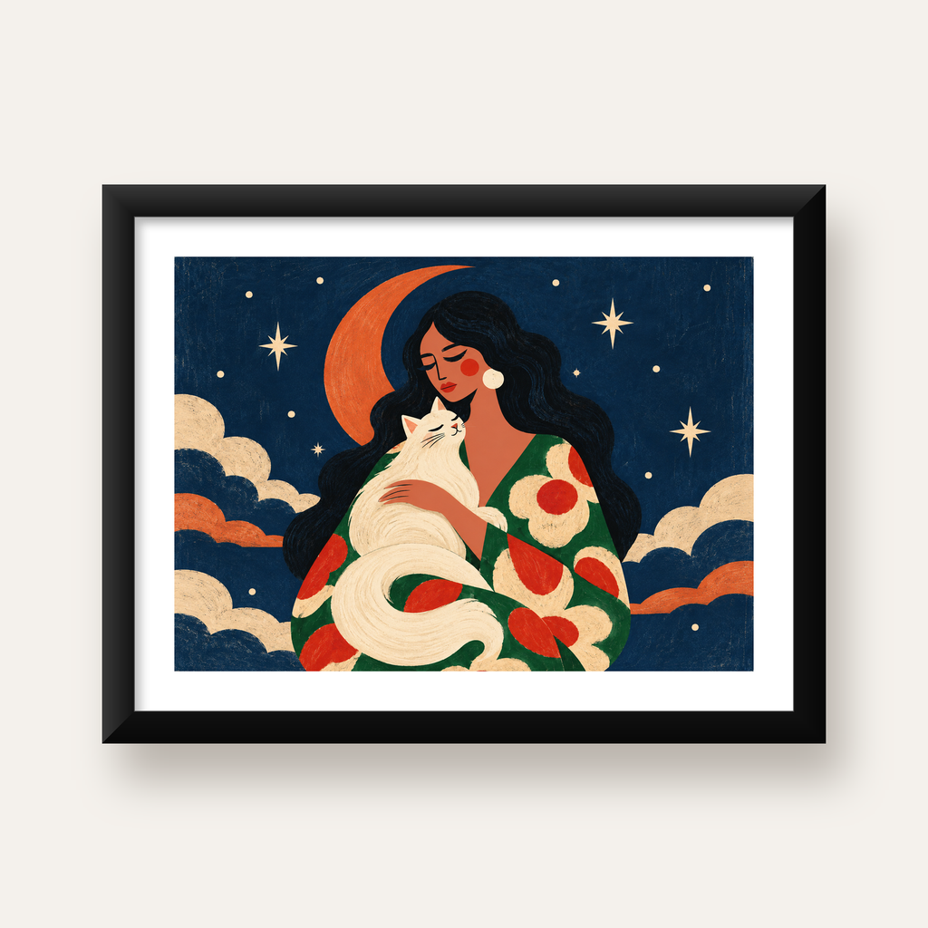 Gece ve Kedi: Kadın Figürlü Modern Poster — Yatay baskı, beyaz paspartulu