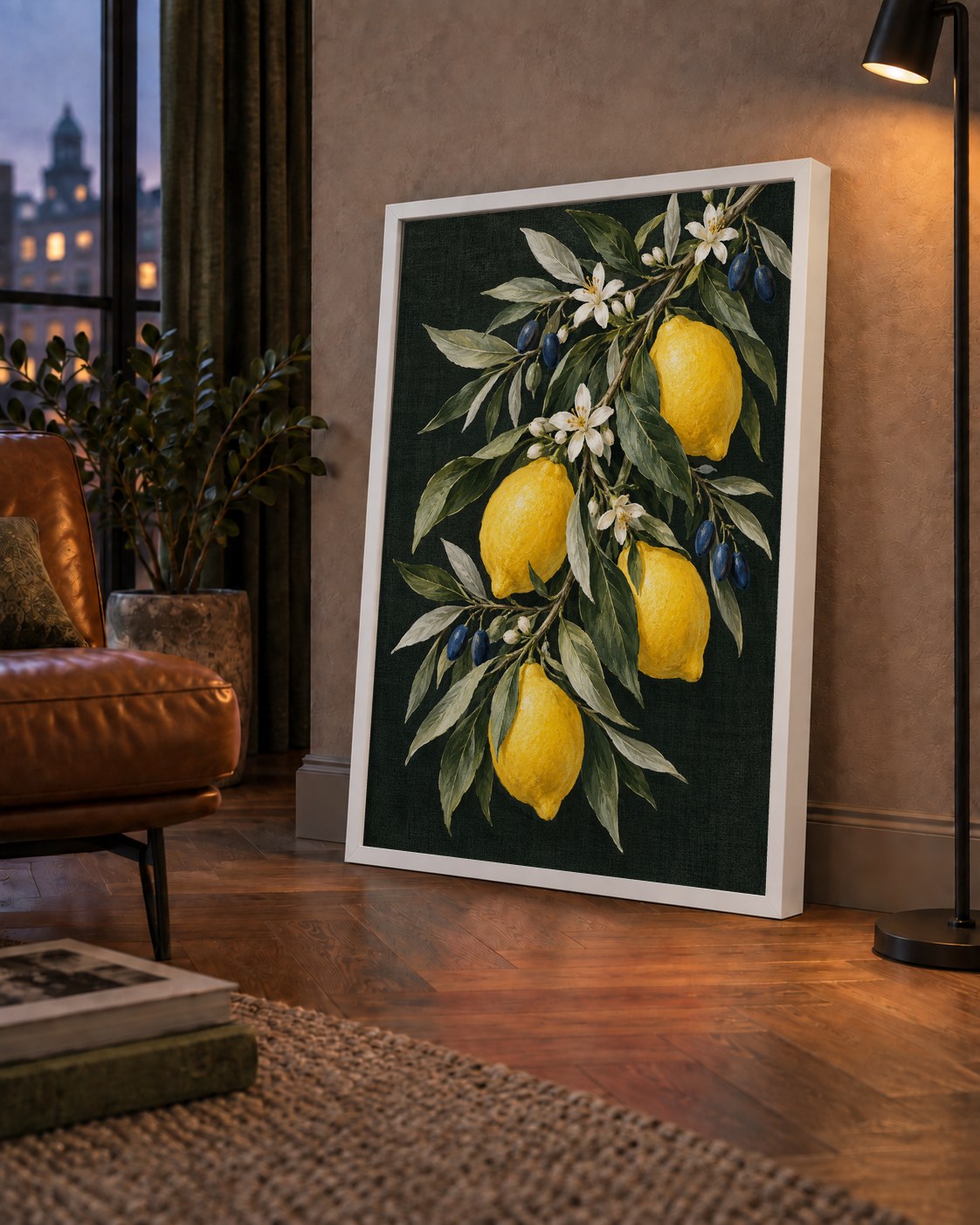 Gece Limon Bahçesi Akdeniz Botanik Poster — çerçeveli hâliyle bir ev duvarında