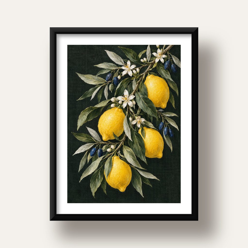 Gece Limon Bahçesi Akdeniz Botanik Poster — siyah derin çerçeveli paspartulu