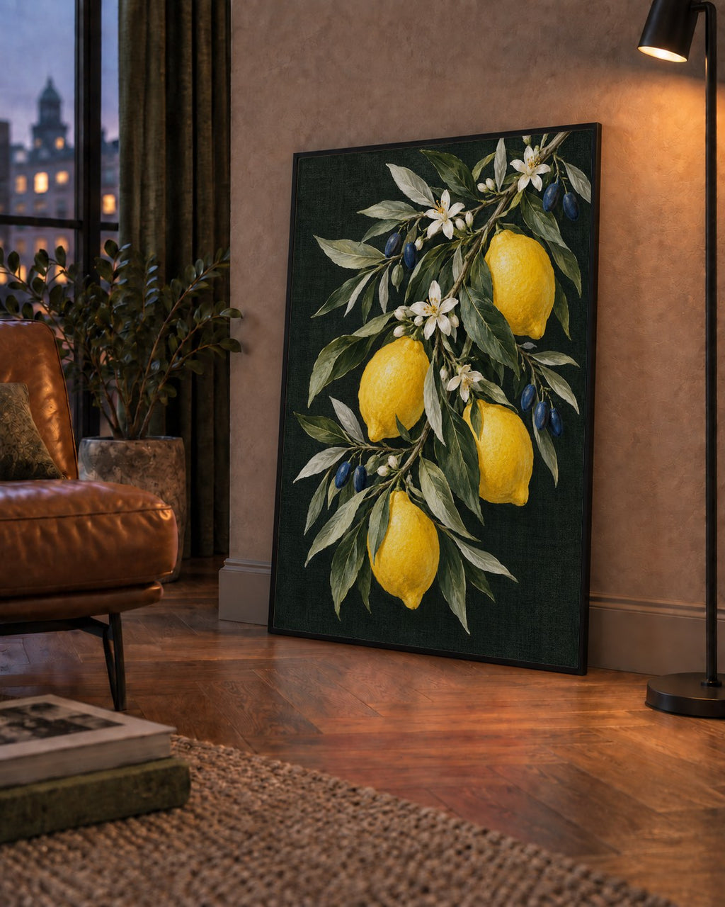 Gece Limon Bahçesi Akdeniz Botanik Poster — çerçeveli hâliyle bir ev duvarında