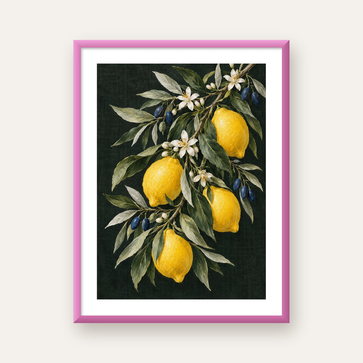 Gece Limon Bahçesi Akdeniz Botanik Poster — pembe çerçeveli paspartulu