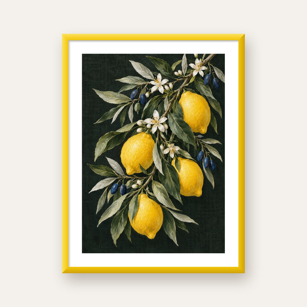 Gece Limon Bahçesi Akdeniz Botanik Poster — sarı çerçeveli paspartulu
