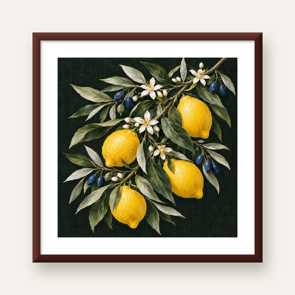 Gece Limon Bahçesi Akdeniz Botanik Poster — ceviz çerçeveli paspartulu